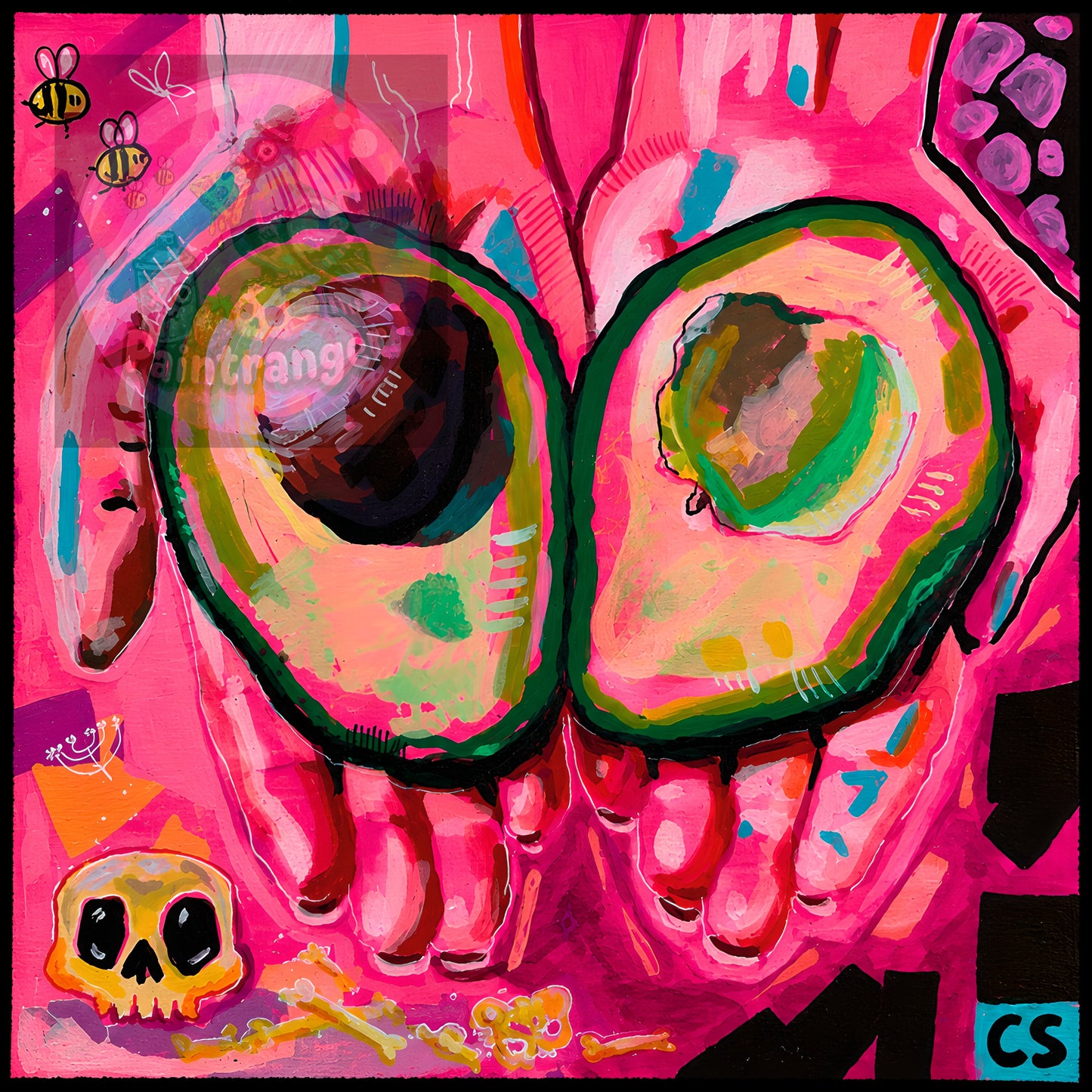 Avocado Hands printable art by Paintranger with surreal avocado halves on a vivid neon pink Candy Decay background.