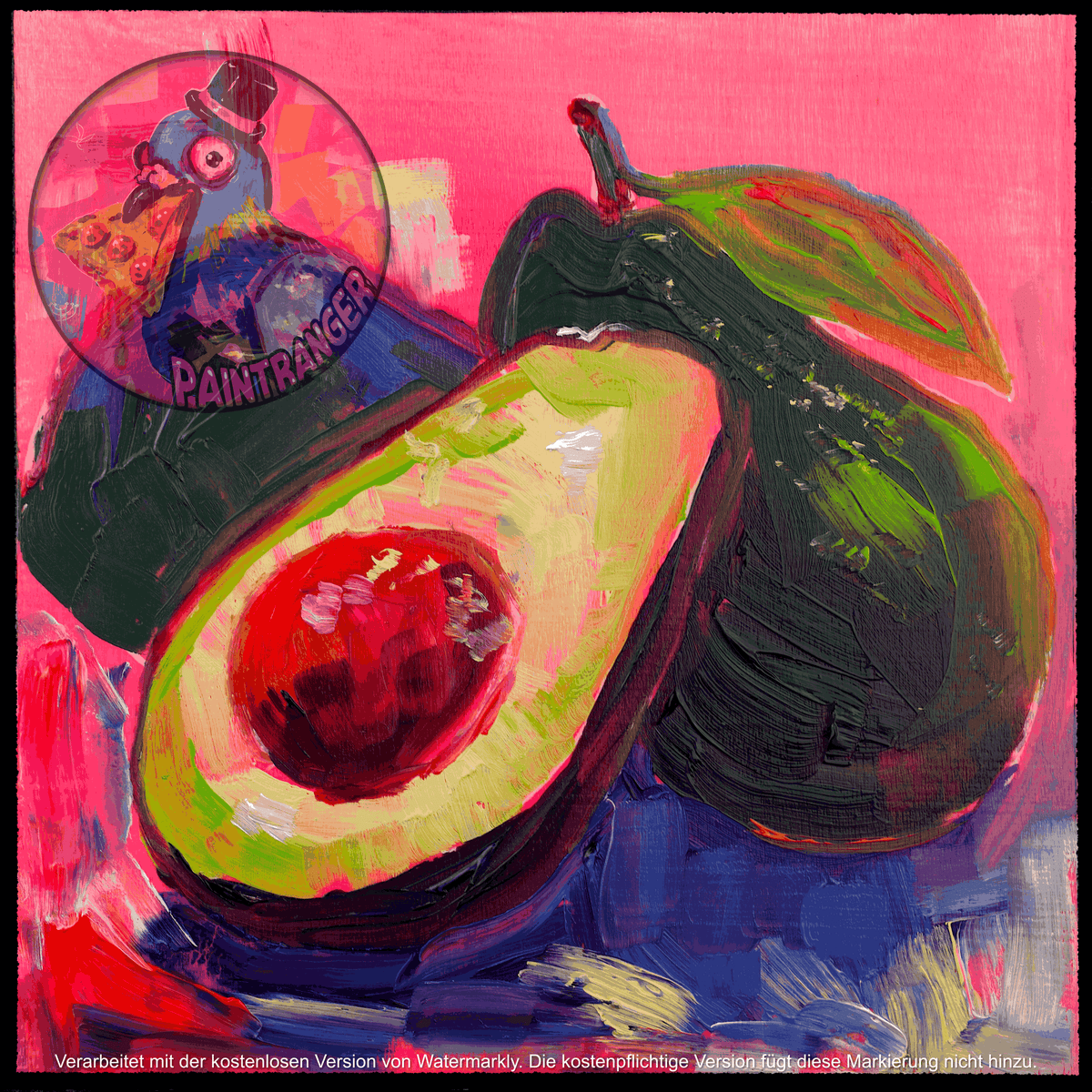 Avocado No. 02 printable food art by Paintranger, ripe avocados painted in oils on a neon pink background