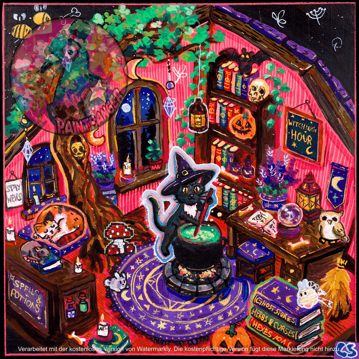 Hexes printable art by Paintranger, colorful kawaii goth Halloween witch artwork