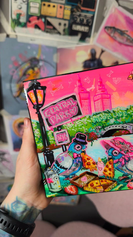 Cheesy Romance – Central Park Tauben-Liebe Originalkunstwerk