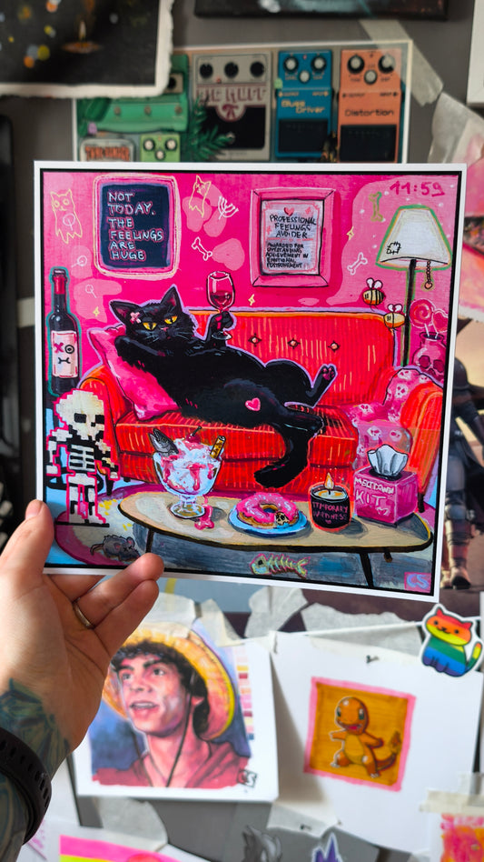 Not Today, The Feelings Are Huge – Buntes Katzen-Kunstdruck | Candy Decay Kunstwerk