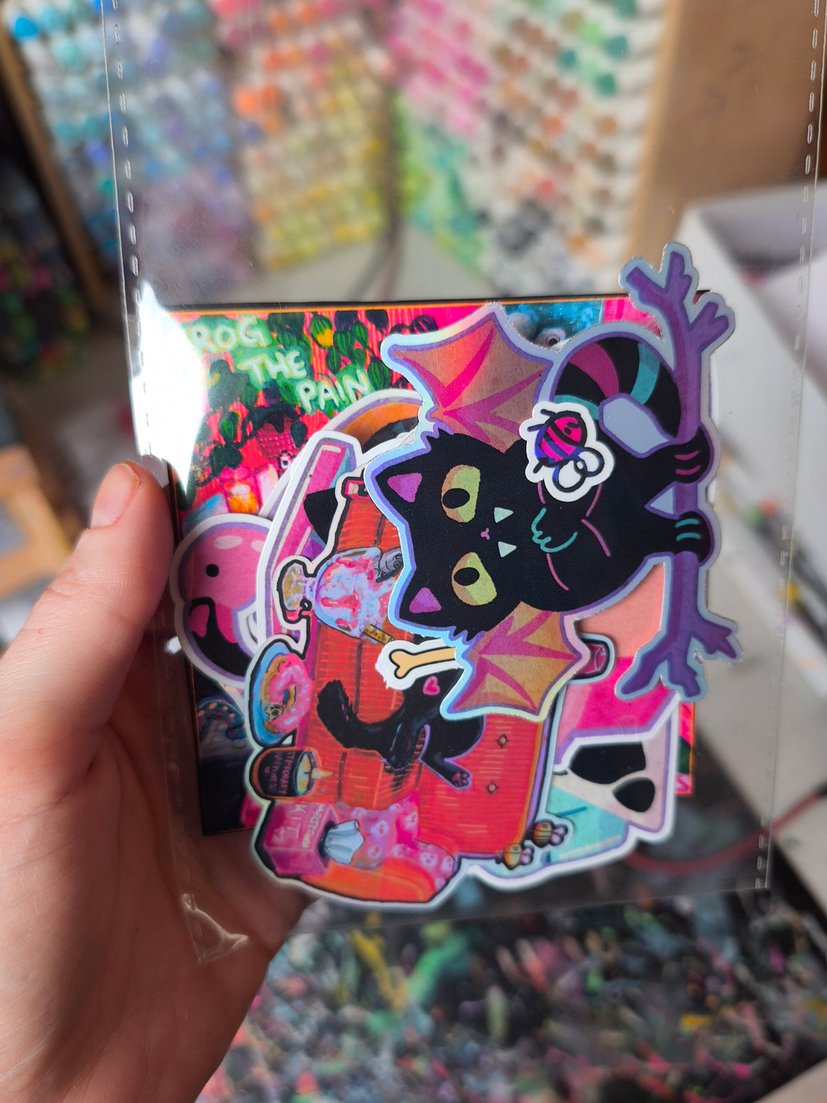 Handmade black cat sticker pack in its packaging