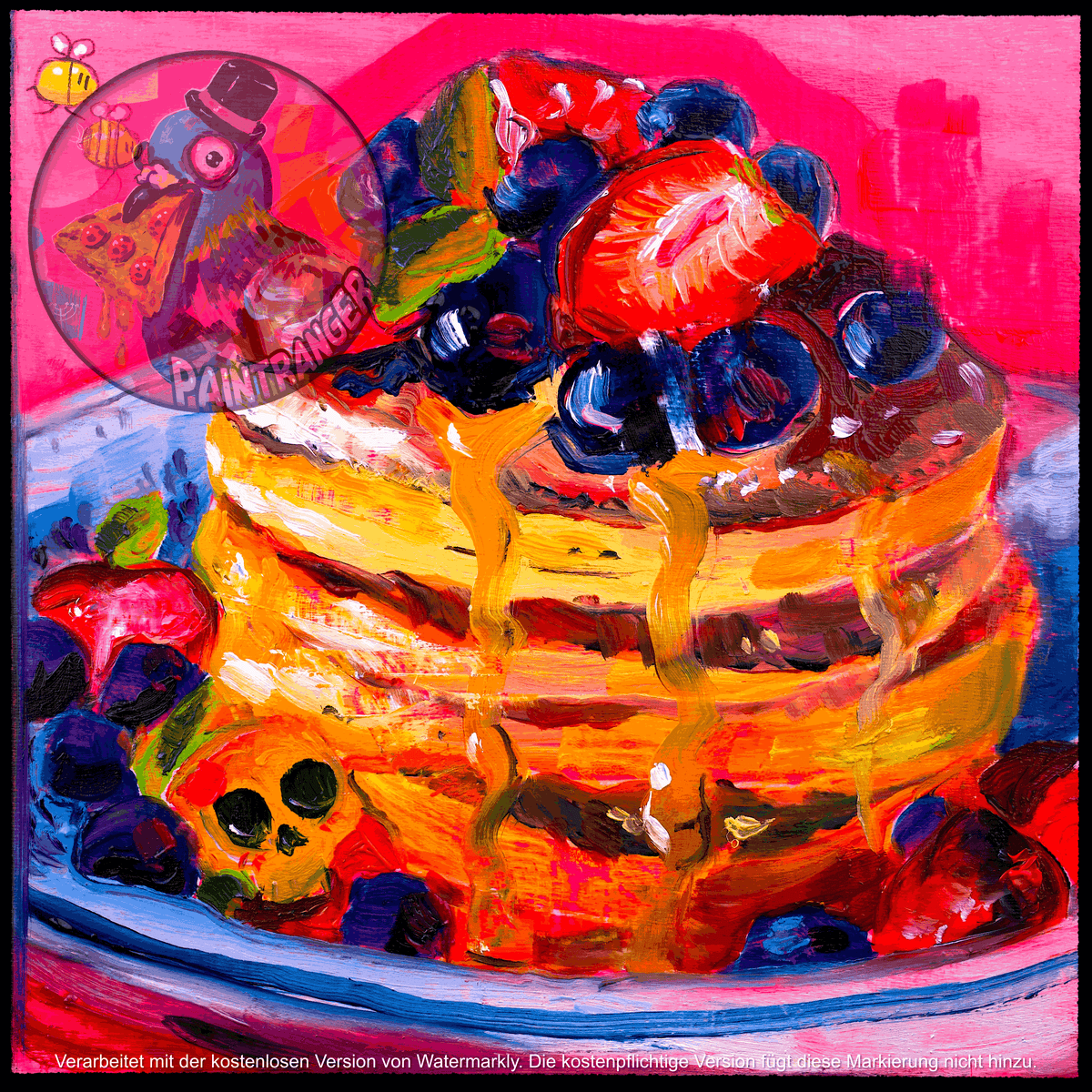 Pancake No. 05 printable food art by Paintranger, pancakes with fruit and syrup painted in oils