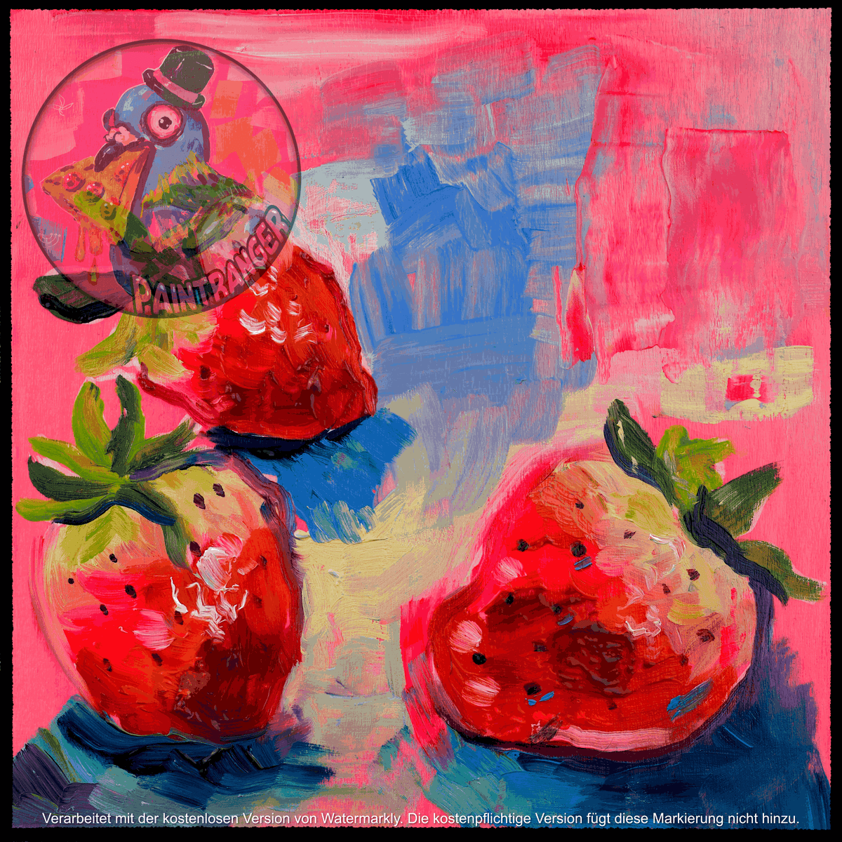 Strawberries No. 01 printable food art by Paintranger, three strawberries painted in oils on a neon pink background