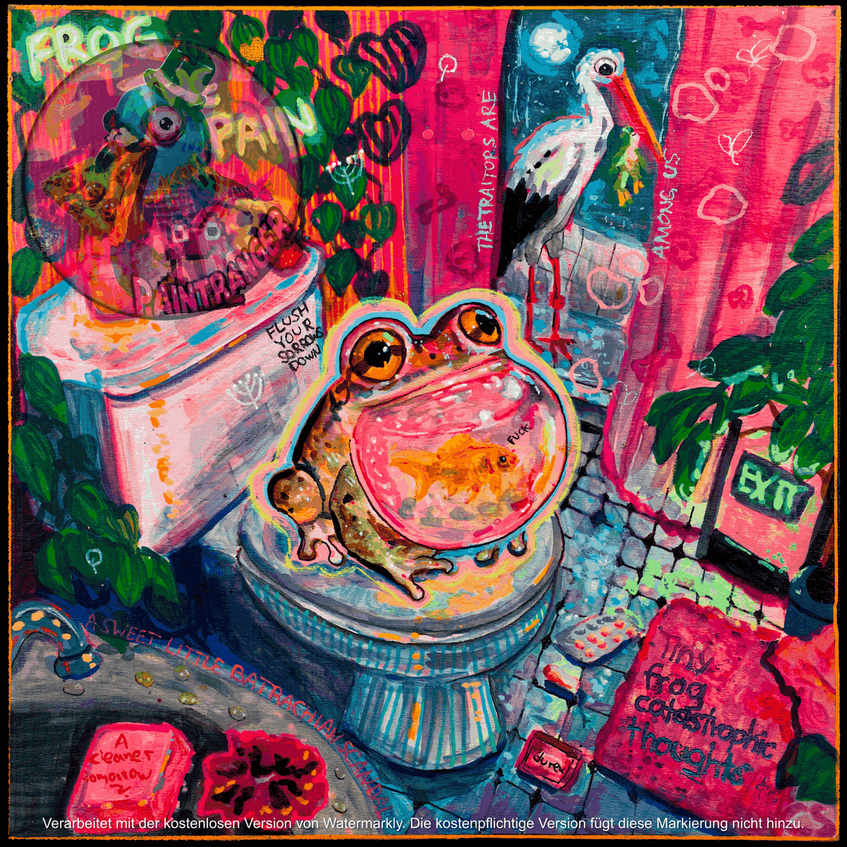 The Frog Chronicles: Everything Is Fine-ish printable art by Paintranger, a wide-eyed frog in a colorful surreal bathroom scene