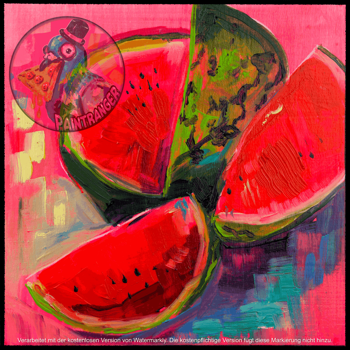 Watermelon No. 03 printable food art by Paintranger, watermelon slices painted in oils on a neon pink background