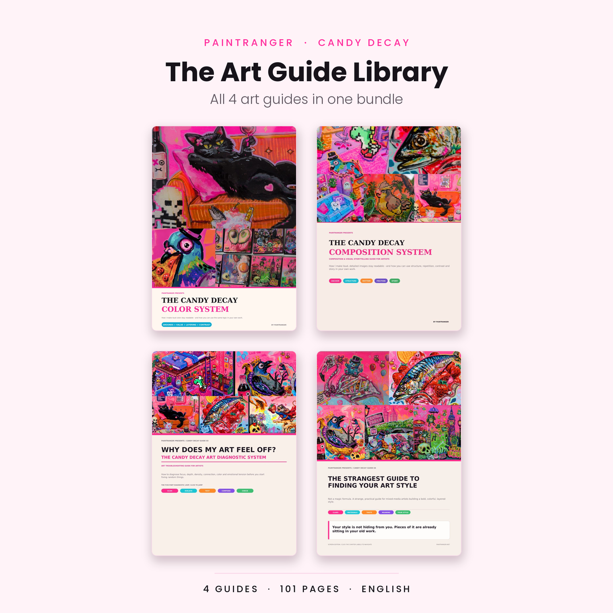 Preview of The Candy Decay Art Guide Library, showing the covers of all four digital PDF art guides in one bundle: Color System, Composition System, Why Does My Art Feel Off? and The Strangest Guide to Finding Your Art Style.