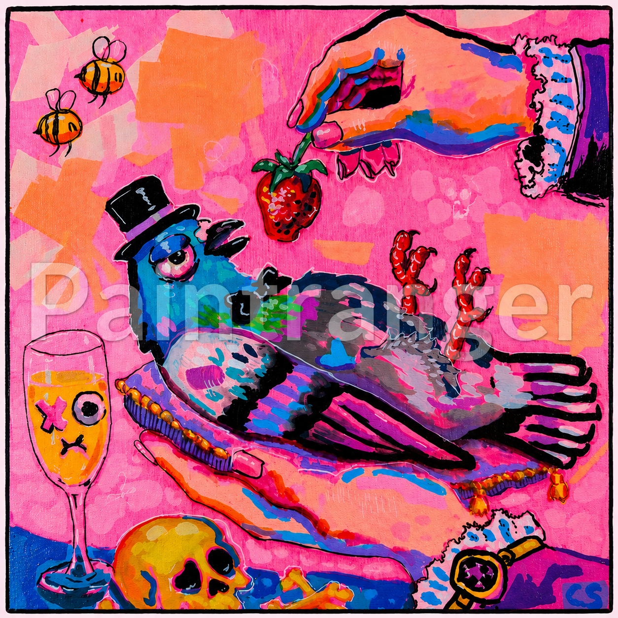 Surreal pigeon art digital download in Candy Decay style by Paintranger, colorful cute creepy artwork with a pigeon being fed a strawberry by a hand with whimsical details