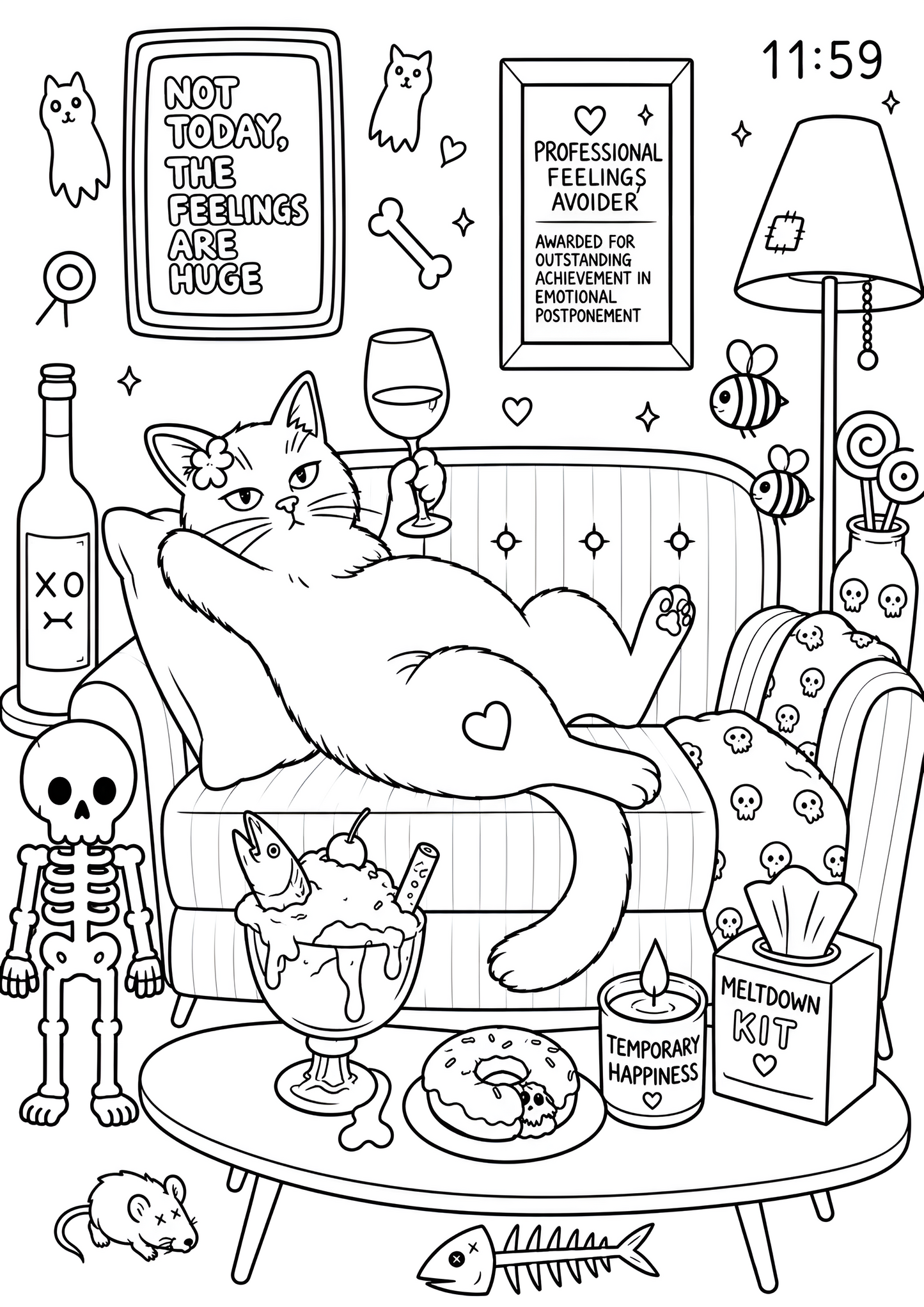 Black-and-white coloring page featuring a relaxed cat lounging on a cozy couch while holding a wine glass. The room is filled with whimsical Candy Decay-style details, including framed wall art reading “Not Today, The Feelings Are Huge” and “Professional Feelings Avoider,” two cartoon bees, a floor lamp, a wine bottle, a small skeleton, a melting ice cream sundae with a fish, a donut, a candle labeled “Temporary Happiness,” a tissue box labeled “Meltdown Kit,” a sleeping mouse, and a fish skeleton. Drawn wi