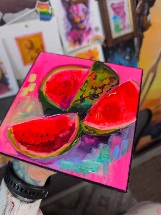Angled view of a small square watermelon oil painting by Paintranger
