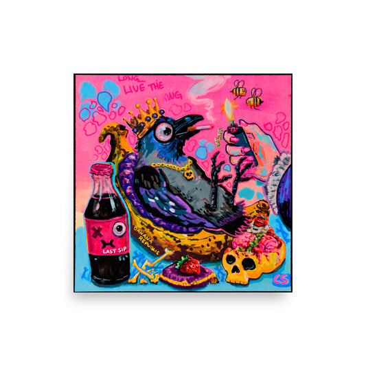 Shop Banana Republic by Paintranger – a colorful surreal crow wall art print featuring a banana throne, skull details and weird Candy Decay aesthetics.