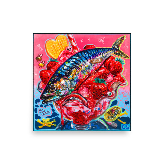 Colorful surreal ocean artwork featuring a fish in a melting ice cream dessert world with strawberries, candy colors, bones and cute creepy details. A vibrant Candy Decay art print mixing ocean themes, nostalgia and playful dark fantasy.
