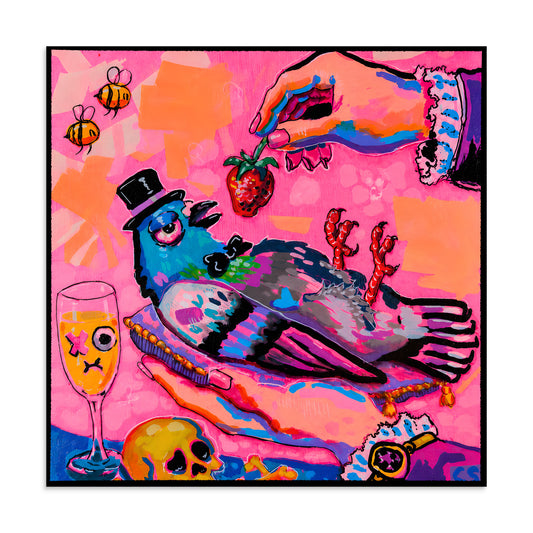 Colorful surreal pigeon wall art print featuring a strawberry, candy colors and cute dark aesthetics. A vibrant Candy Decay art print blending indulgence, decay and playful nostalgic imagery.