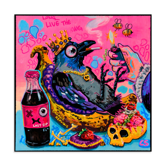 Shop Banana Republic by Paintranger – a colorful surreal crow wall art print featuring a banana throne, skull details and weird Candy Decay aesthetics.