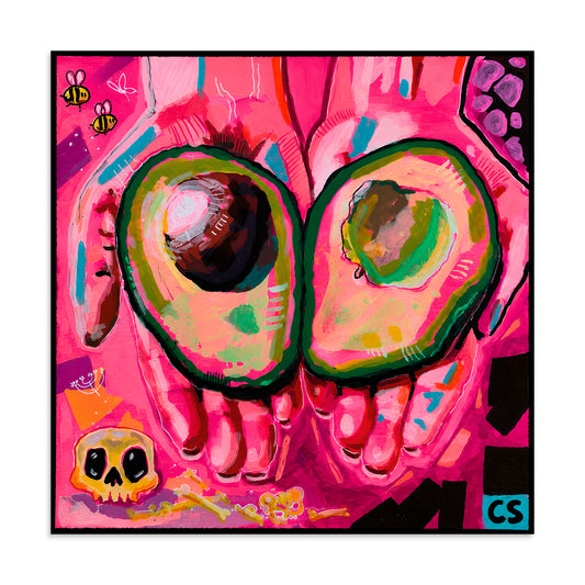 Shop Avocado Hands by Paintranger – a colorful surreal avocado wall art print with quirky food art vibes, candy colors and weird cute aesthetics.