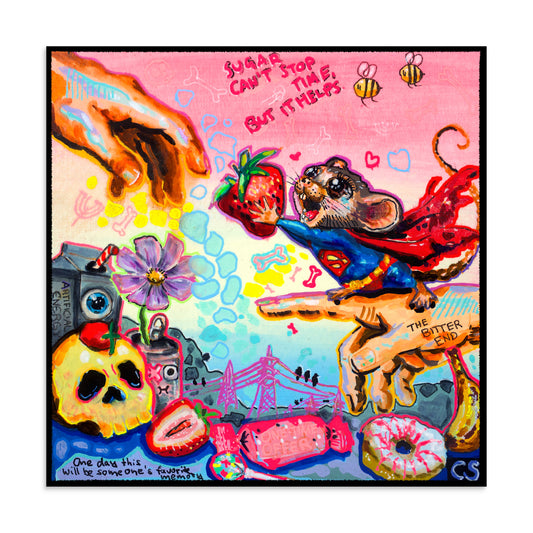Shop The Creation of Temporary Things by Paintranger – a colorful surreal mouse wall art print about creation, impermanence and Candy Decay aesthetics.