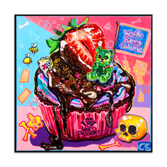 Shop The Last Dessert by Paintranger – a colorful surreal dessert wall art print featuring a skull cupcake, gummy bear and cute creepy Candy Decay style.