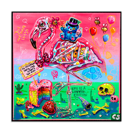 Shop Until the Lights Go Out by Paintranger – a colorful surreal flamingo skeleton wall art print with cute dark Candy Decay aesthetics.