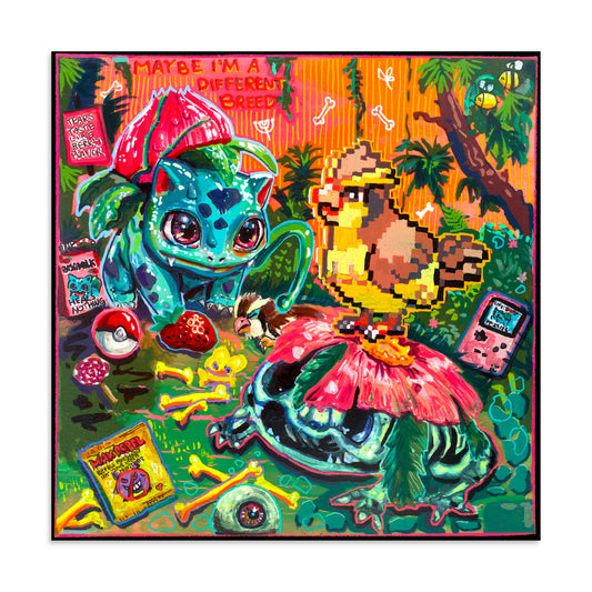 Colorful nostalgic gaming inspired artwork featuring cute fantasy creatures, pixel art vibes, bones, flowers and bright candy colors. A surreal Candy Decay art print mixing childhood memories, cute creepy details and playful dark fantasy.
