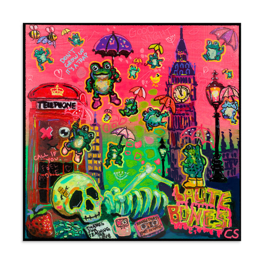 Colorful surreal frog artwork featuring whimsical animals, dreamy clouds, bright candy colors and cute creepy details. A vibrant Candy Decay art print mixing nature, fantasy, playful weirdness and nostalgic storybook vibes.
