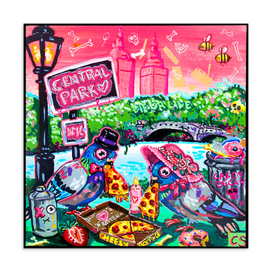 Colorful surreal pigeon artwork featuring two cute birds having a romantic dinner in Central Park with pizza, candles and playful details. A vibrant Candy Decay art print by Paintranger.