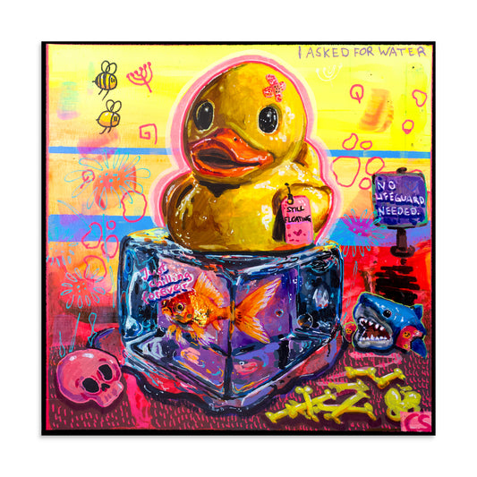 Colorful surreal rubber duck artwork featuring a cute duck sitting on an ice cube with a goldfish inside, surrounded by candy colors and nostalgic details. A vibrant Candy Decay wall art print mixing childhood memories, cute creepy aesthetics and emotional storytelling.
