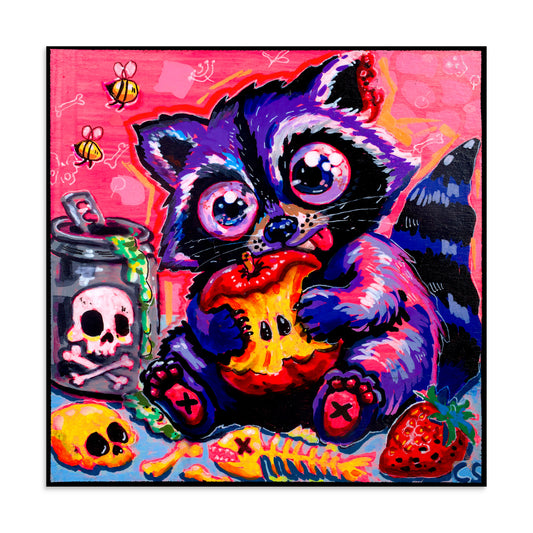 Colorful surreal raccoon wall art print featuring a wide-eyed raccoon surrounded by candy colors, strawberries and bones. A vibrant Candy Decay art print by Paintranger.