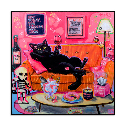 Not Today, The Feelings Are Huge wall art print featuring a black cat in a saturated pink interior surrounded by comfort objects. A vibrant Candy Decay art print by Paintranger.