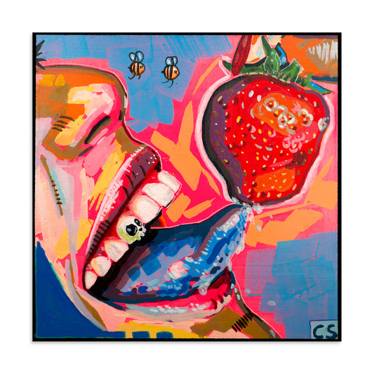 Colorful surreal wall art print featuring a playful tongue and strawberry motif in bright candy colors, blending cute and slightly creepy Candy Decay imagery with a nostalgic, whimsical mood.