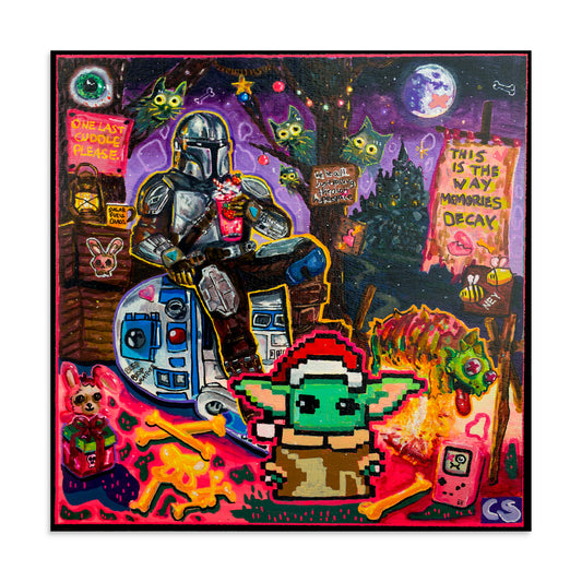 Colorful pop surreal wall art print featuring Grogu wearing a Santa hat, a Mandalorian, R2-D2, playful cats, a zombie unicorn, bones, bees, and nostalgic objects in a vibrant Candy Decay landscape