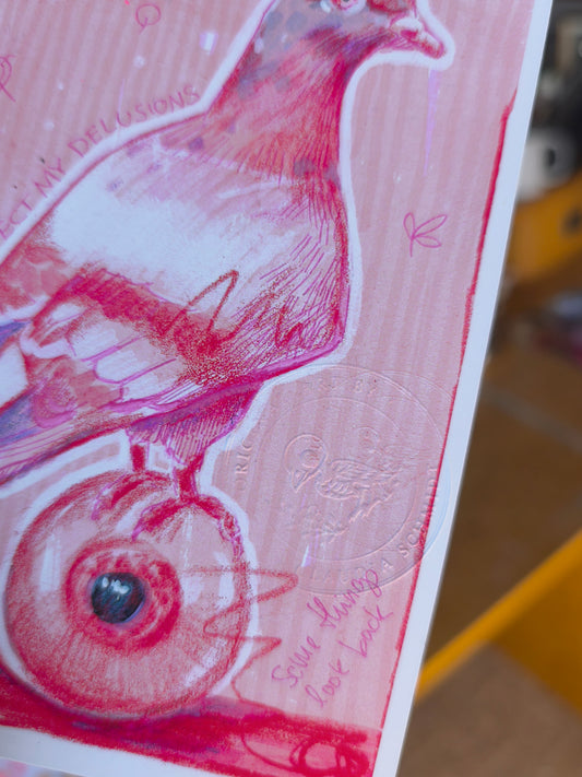Close-up of the pigeon art postcard and Paintranger embossed artist stamp