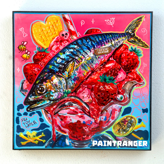 Ocean Dropout original artwork by Paintranger, hand-painted surreal mackerel on a strawberry ice cream with an Omega 3 pill, Candy Decay painting on a wooden panel