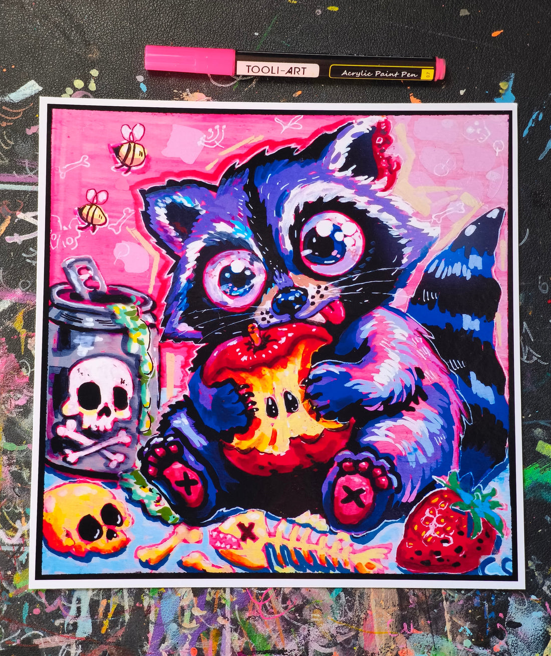 Sugar and Scavenging hand-signed art print by Paintranger, a colorful surreal raccoon painted entirely by hand in Candy Decay style, no AI involved