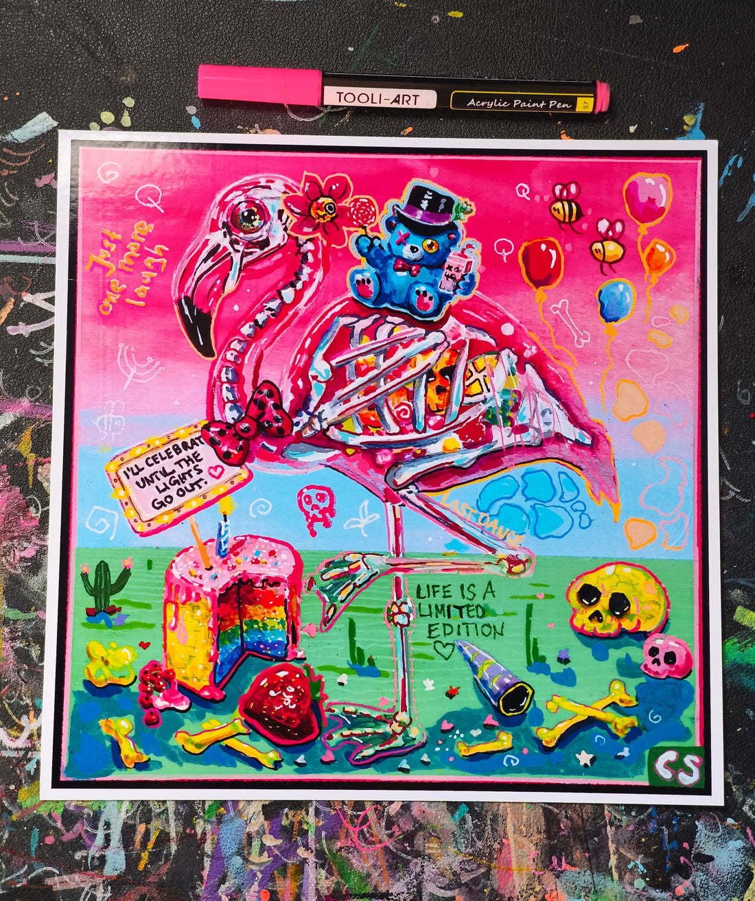 Until the Lights Go Out hand-signed art print featuring a skeleton flamingo, a piece of Halloween room decor in the Candy Decay style