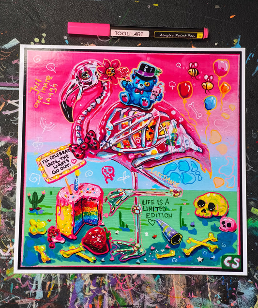 Until the Lights Go Out hand-signed art print featuring a skeleton flamingo, a piece of Halloween room decor in the Candy Decay style