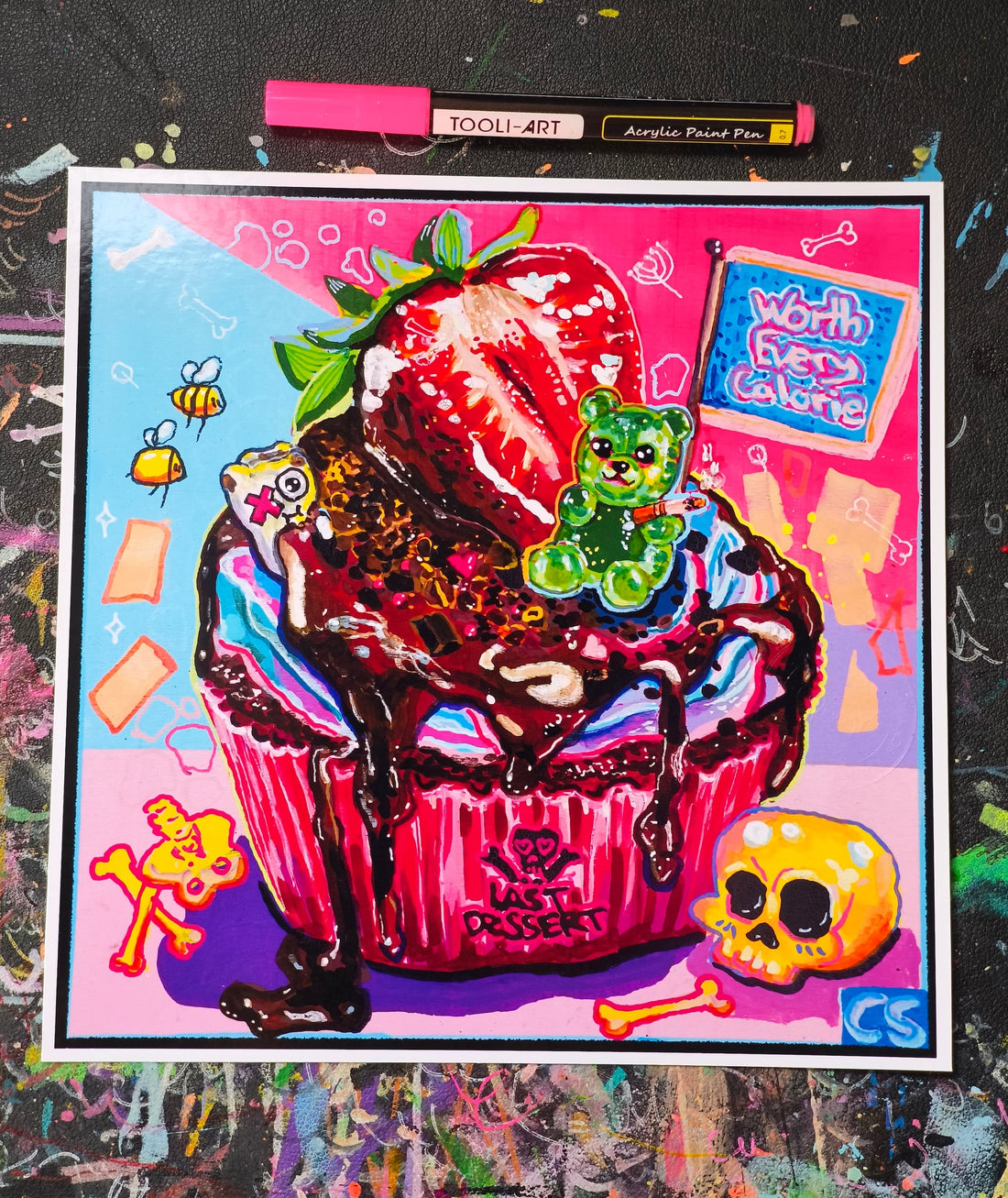 The Last Dessert hand-signed art print featuring a skull cupcake, a kawaii goth home decor piece in the Candy Decay style