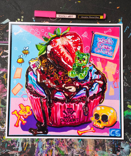 The Last Dessert hand-signed art print featuring a skull cupcake, a kawaii goth home decor piece in the Candy Decay style