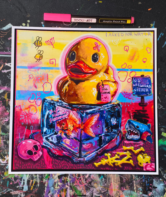 Plastic Memories hand-signed art print by Paintranger, a rubber duck on an ice cube with a frozen goldfish inside, gurokawa art about growing up