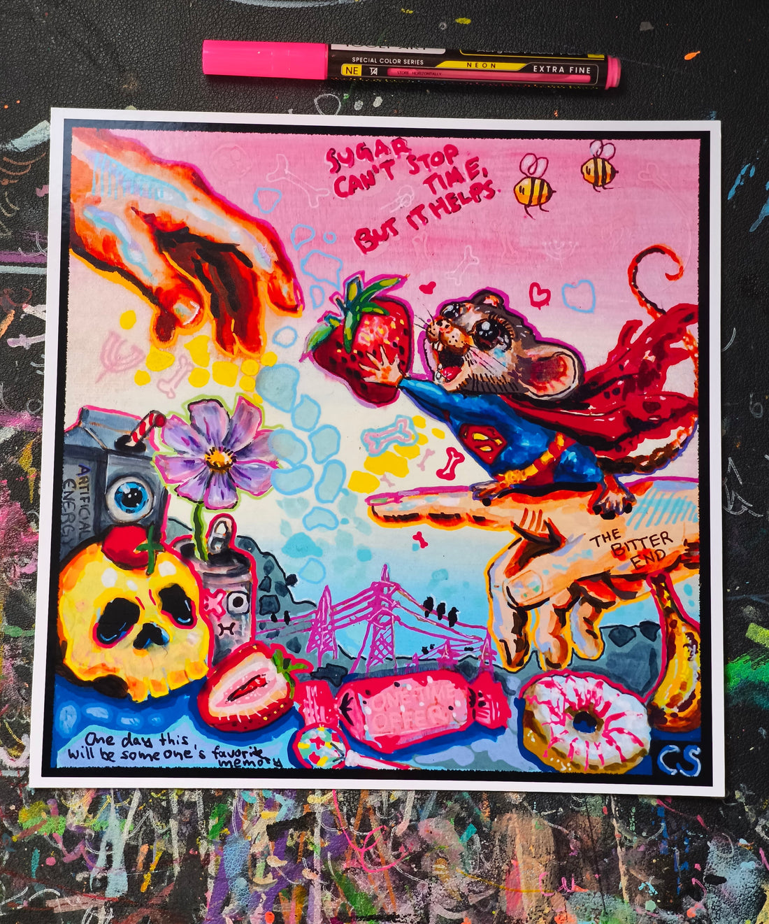 The Creation of Temporary Things hand-signed art print by Paintranger, a surreal mouse with strawberries in bright Candy Decay colors, contemporary pop surrealism about impermanence