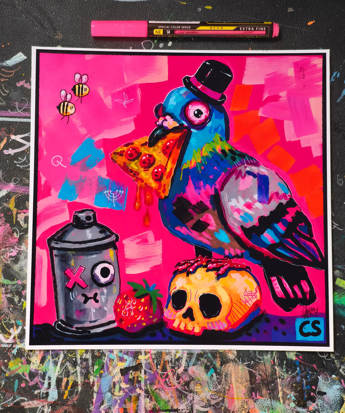 Weird Pigeon hand-signed art print by Paintranger, a colorful lowbrow pop surrealism style painting of a pigeon in a hat eating pizza