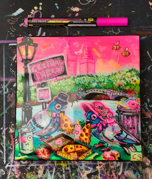 Cheesy Romance original artwork, two pigeons having a candlelight dinner in Central Park New York