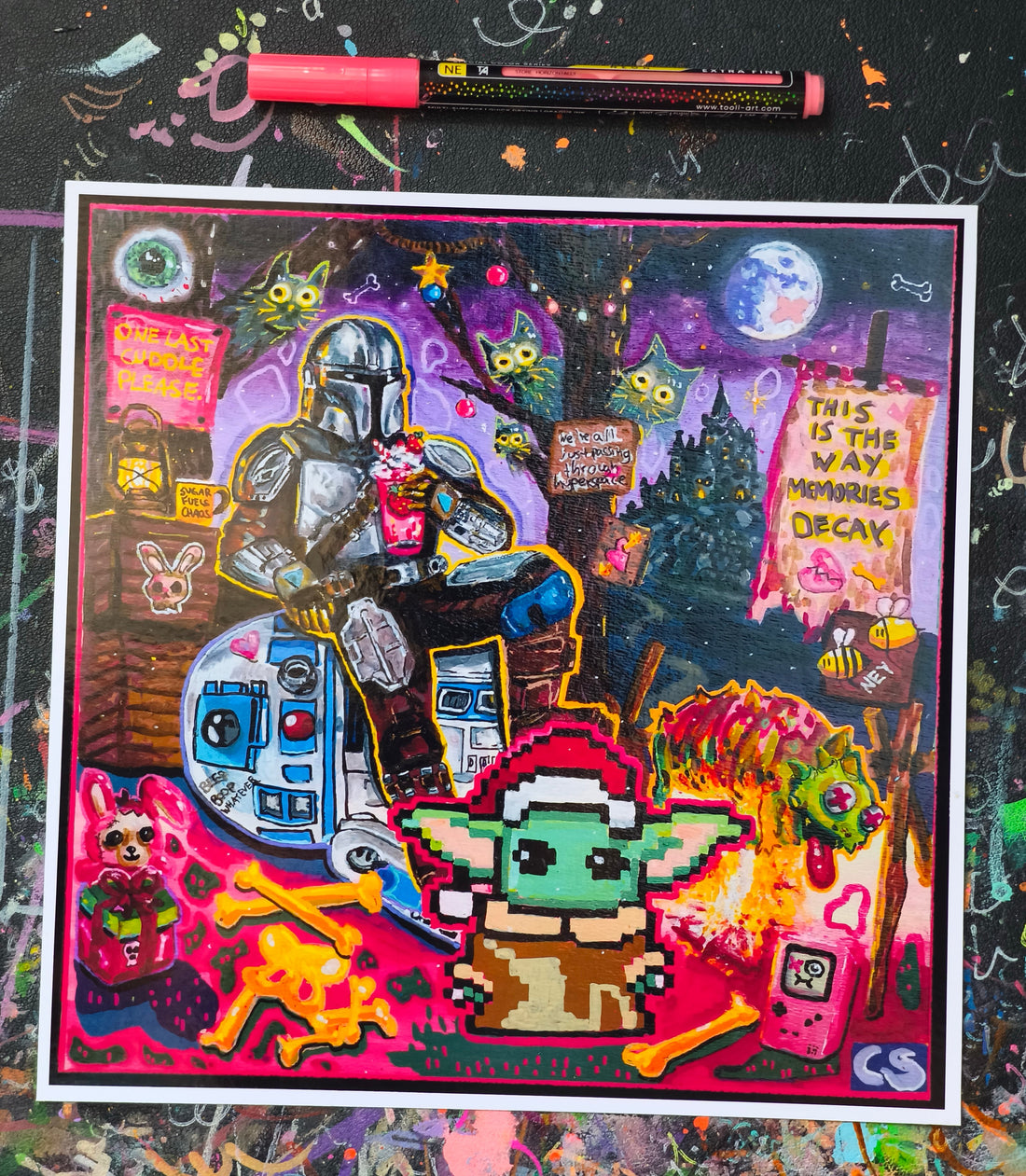The Day Before Grogu Left hand-signed art print by Paintranger, a densely packed colorful pop culture painting in a maximalist style