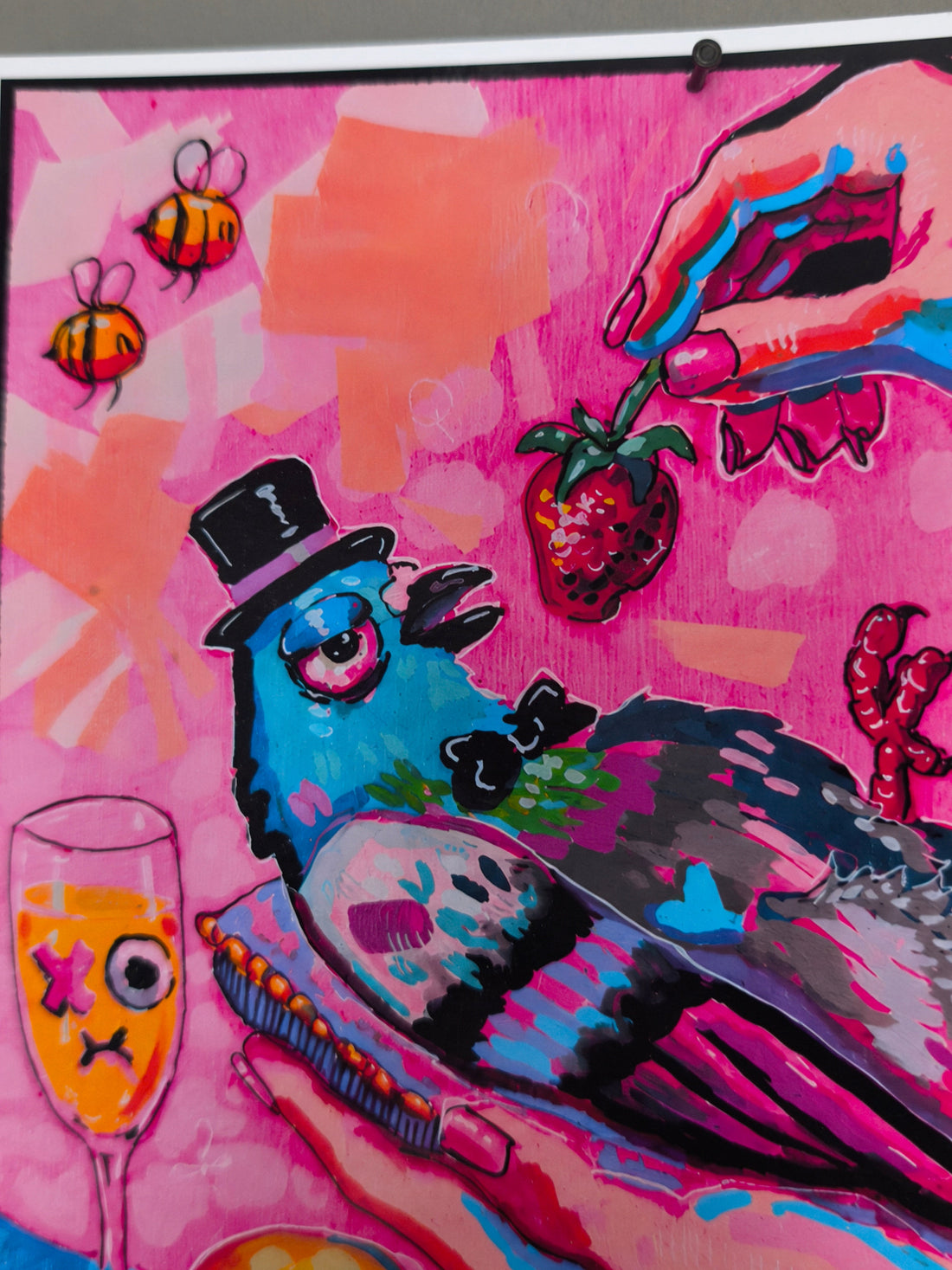 Indulgence and Decay wall art print, a soft pastel goth pigeon scene, an example of gurokawa art