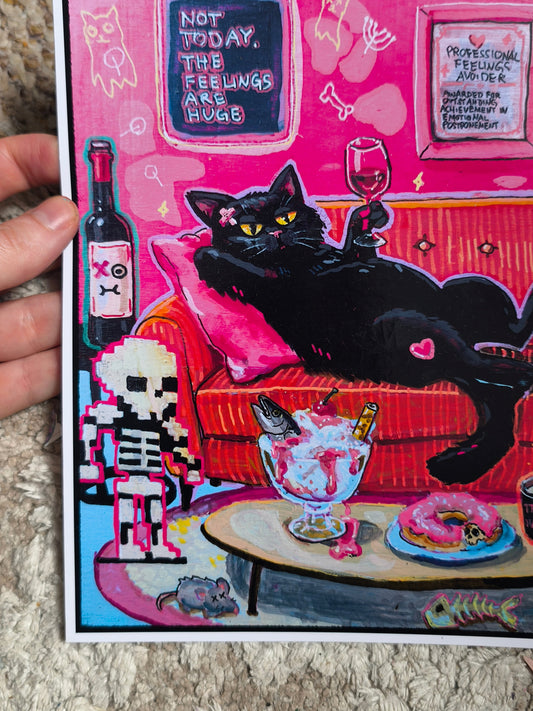 Not Today, the Feelings Are Huge wall art print, a huge black cat on a soft pastel pink background, an example of creepy pastel art