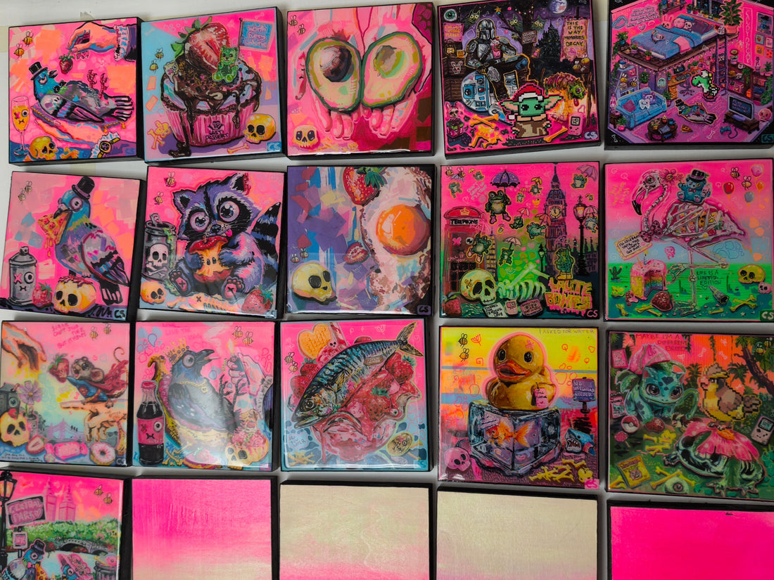 wall of colorful bright pink neon artworks with pigeons, avocado, egg, fish