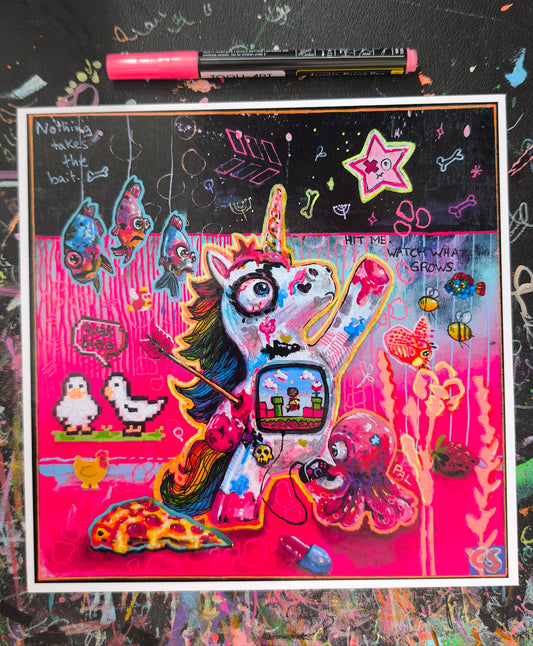Ricochet hand-signed art print by Paintranger, a zombie-cute unicorn in bright candy colors, an artwork people have labelled pastel goth, lowbrow and cute creepy