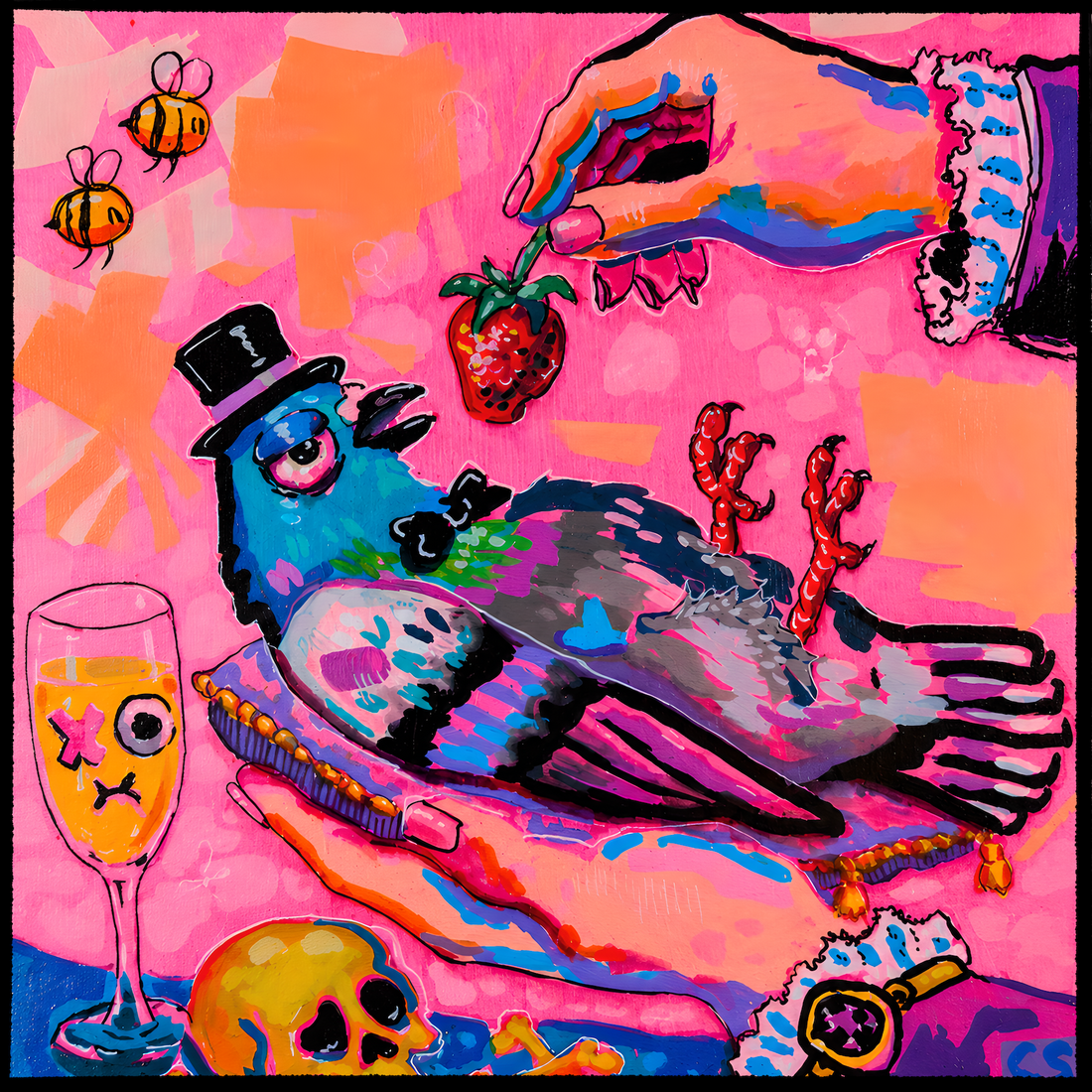 pigeon laying on back, strawberry bees