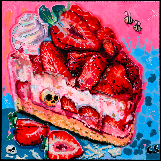 Sweet horror painting of strawberries and bones in bright pastel goth colours