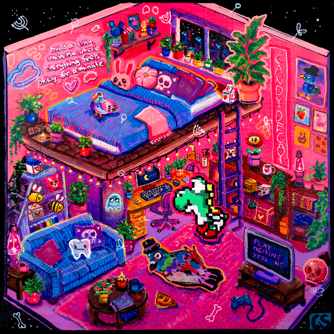 Inside The Candy Decay Apartment, a busy colorful pop culture wall art print packed with hidden details