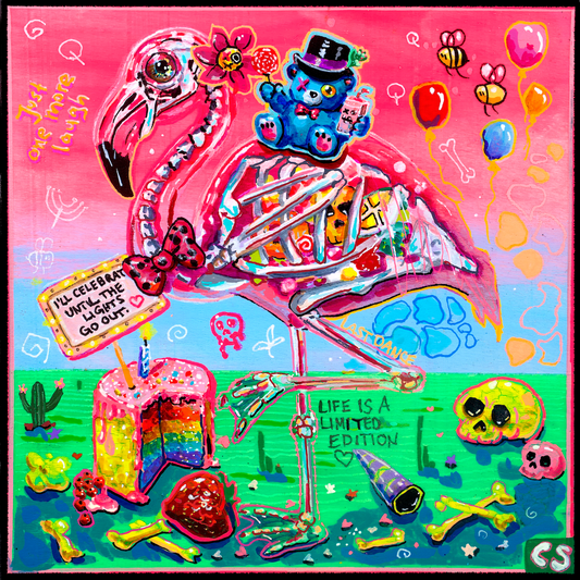 Until the Lights Go Out, a colorful surreal flamingo skeleton wall art print by Candy Decay, wearing a party hat and holding cake
